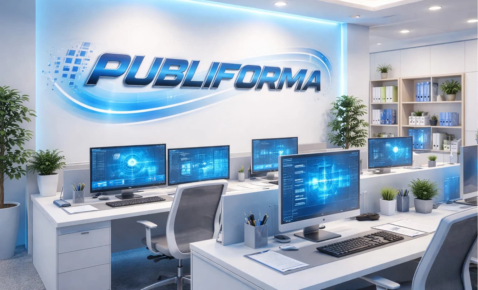 Escritório luminoso com comunicação visual azul numa parede