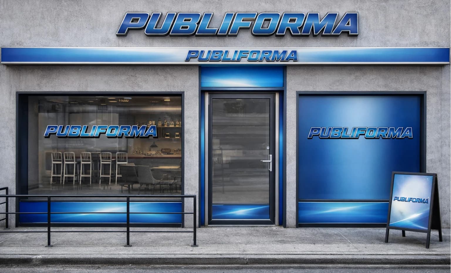 Fachada com letras, montras e expositor apresentada no portefólio Publiforma